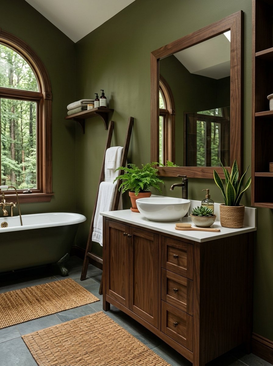 A bathroom with dark green walls, a wooden vanity, a clawfoot tub, and indoor plants.