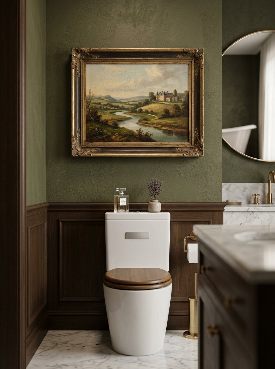 A framed landscape art piece hanging on a textured olive wall above a toilet with a dark wooden seat.