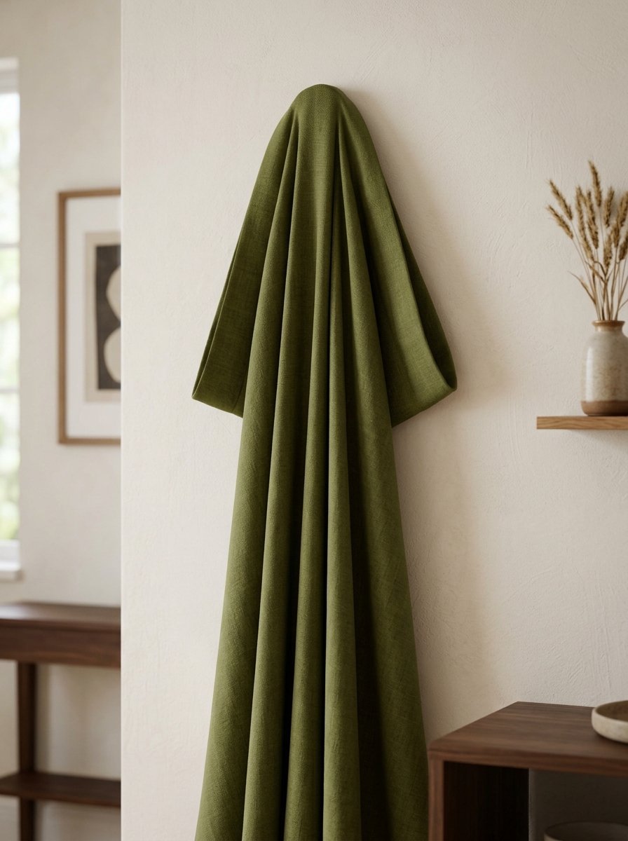 A long piece of olive green fabric hanging from a hook on a neutral beige wall next to a wooden shelf.