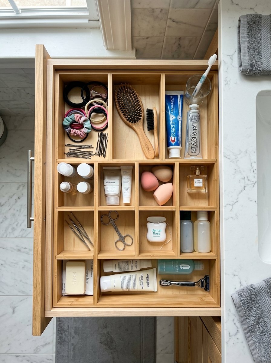 A wooden drawer organizer containing hair accessories, skincare products, makeup sponges, and toiletries.