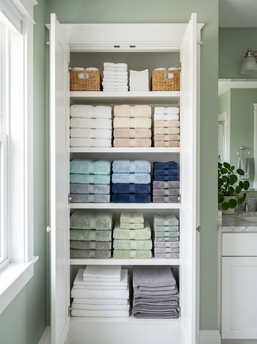 A white linen closet with stacks of folded towels in various colors and textures on every shelf.