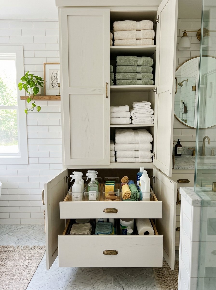 Open cream-colored bathroom cabinet filled with stacked towels and organized cleaning supplies in pull-out drawers.