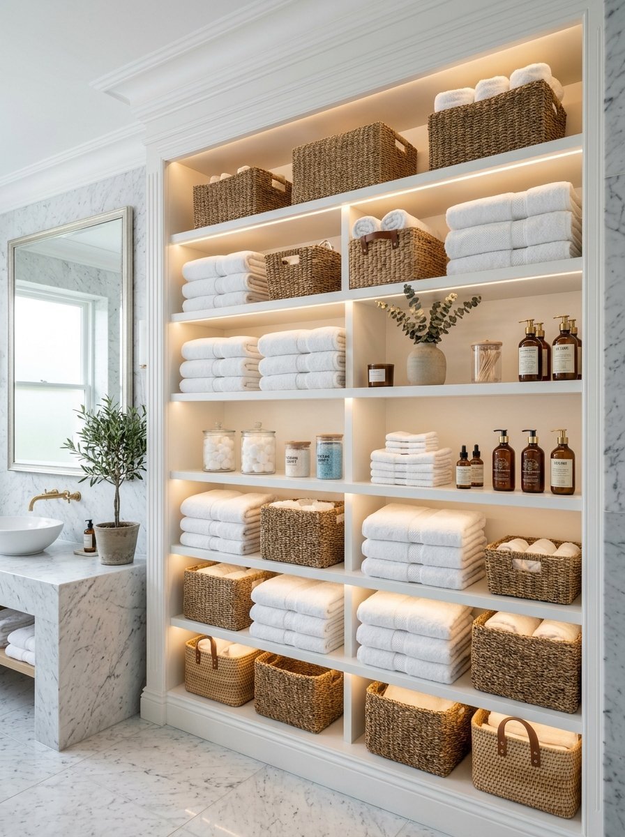 Floor to ceiling bathroom shelves featuring stacked white towels, natural fiber storage baskets, and apothecary jars.