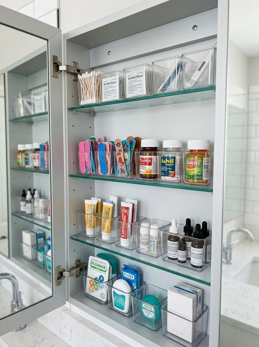 Open medicine cabinet with items sorted into clear acrylic bins on glass shelves.