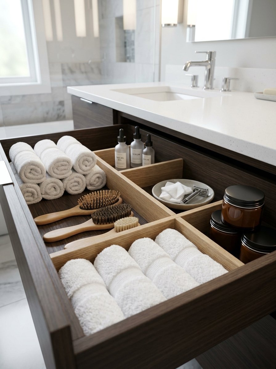 An open bathroom vanity drawer displaying neatly rolled white towels, wooden hairbrushes, and skincare bottles.