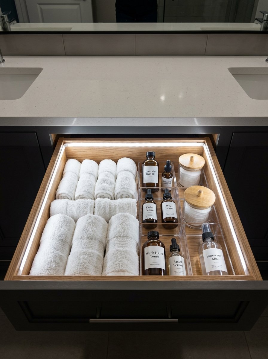 A bathroom drawer is pulled open to reveal neatly stacked white washcloths next to organized glass skin care bottles.