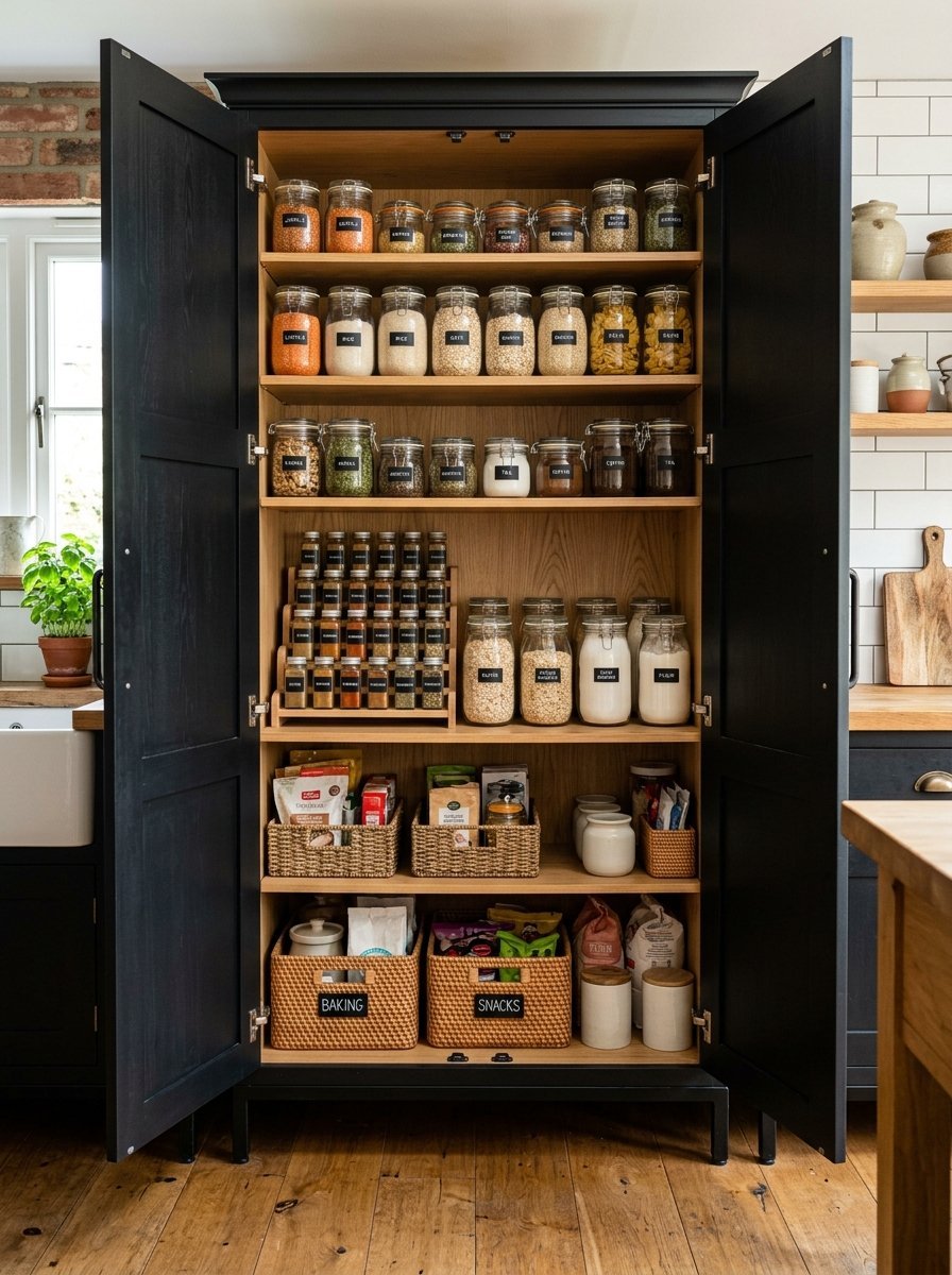 Open black wooden pantry cabinet shelves filled with labeled glass jars, spices, and woven storage baskets.