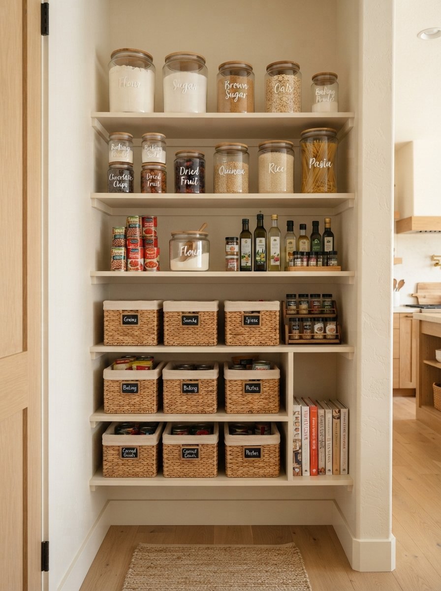 Wooden pantry shelves featuring glass canisters, woven storage baskets, and neat rows of canned goods and cookbooks.