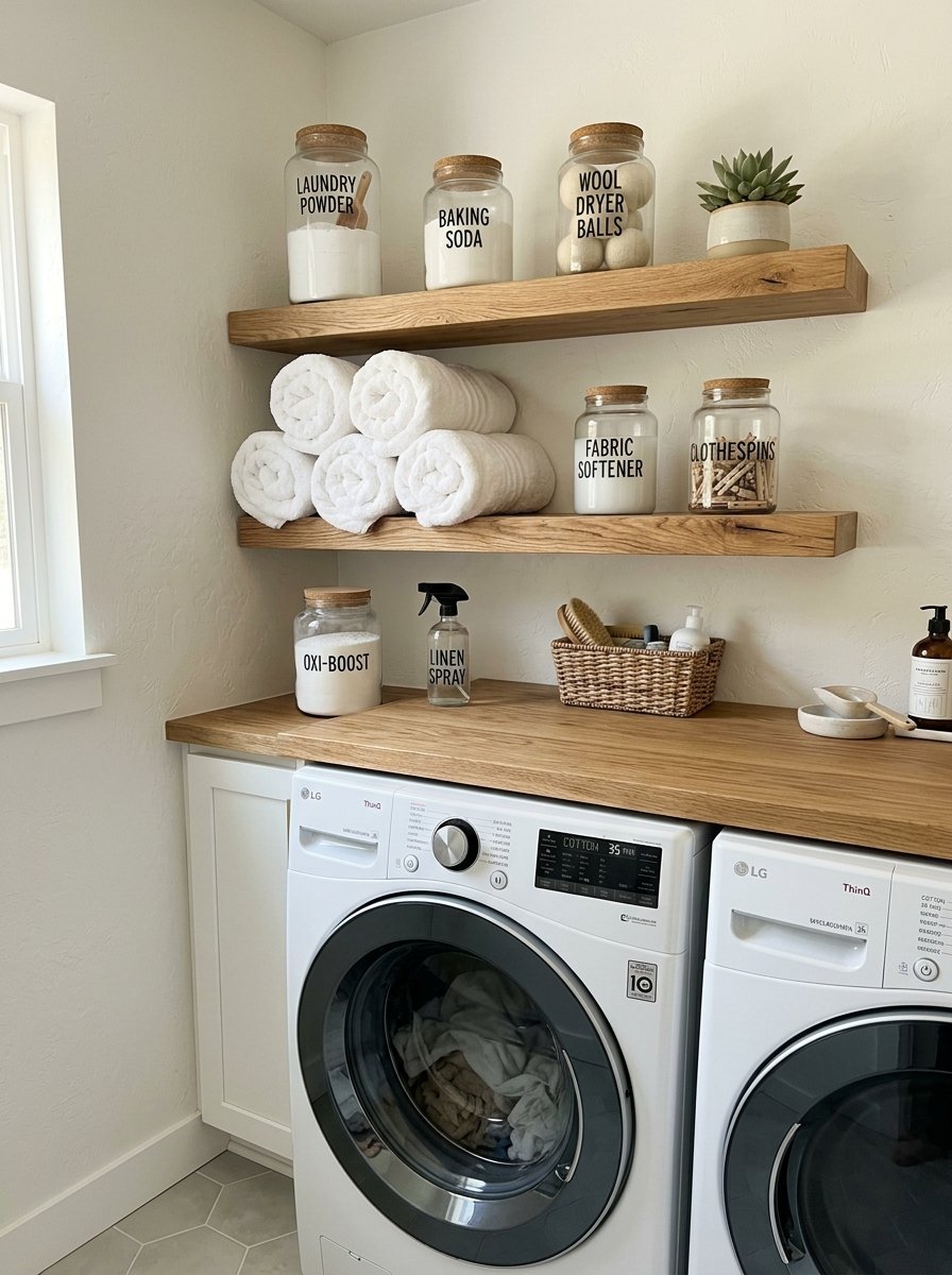 White LG front-load washers under wooden shelves filled with labeled glass jars and neatly rolled white towels.