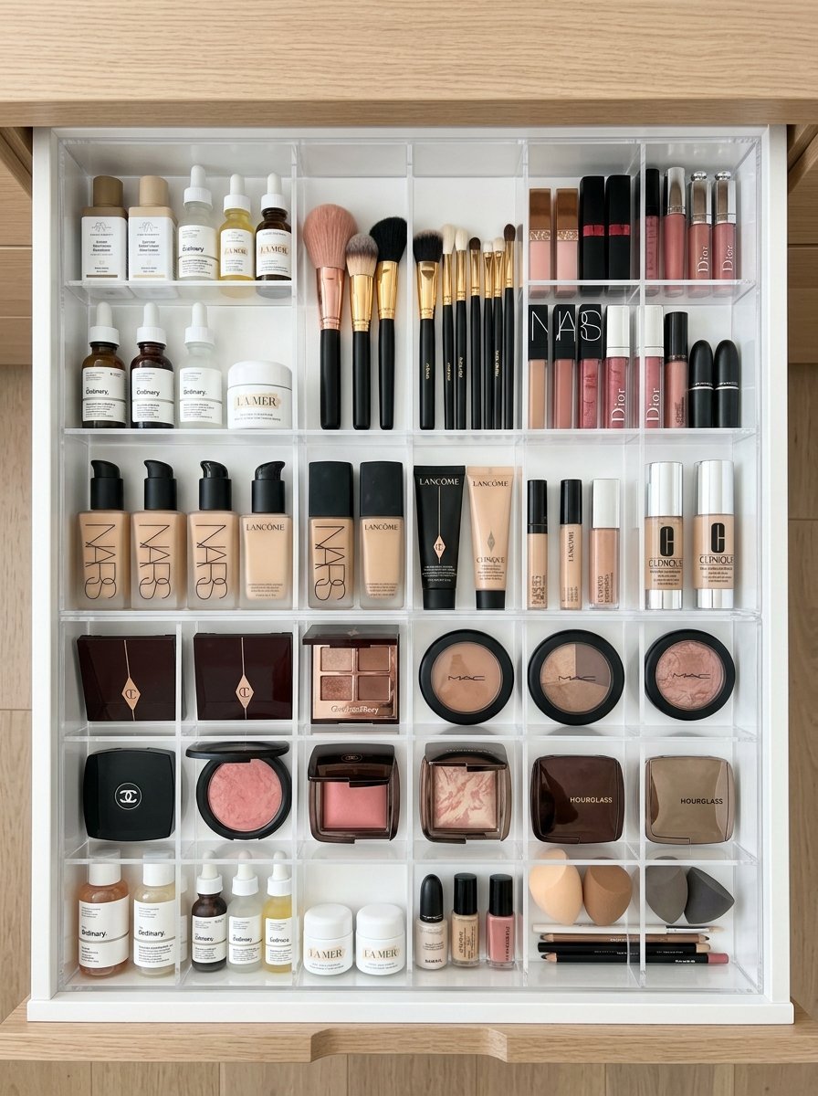 Acrylic dividers inside a white drawer holding various high-end skincare, makeup brushes, foundations, and blush palettes.