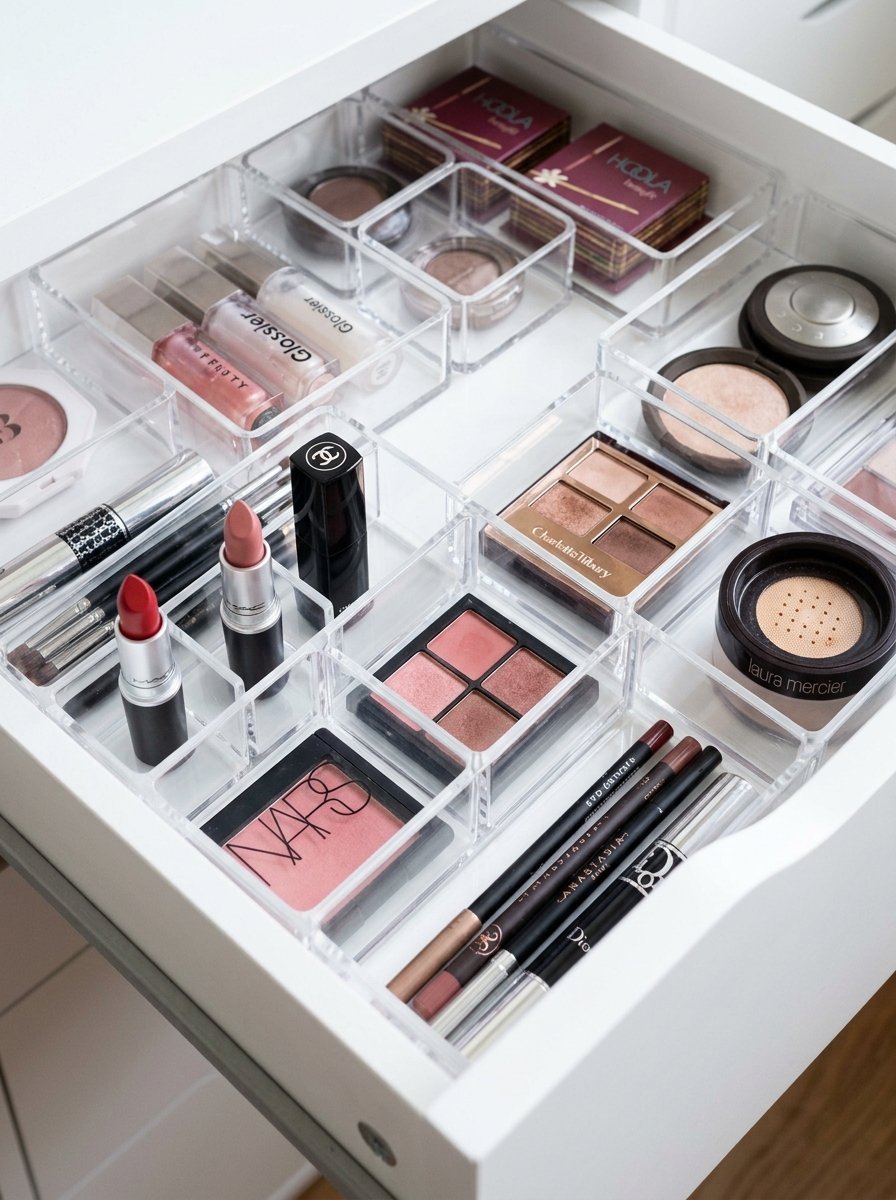Acrylic dividers inside a white drawer holding lipsticks, blush, eye shadows, and makeup brushes.