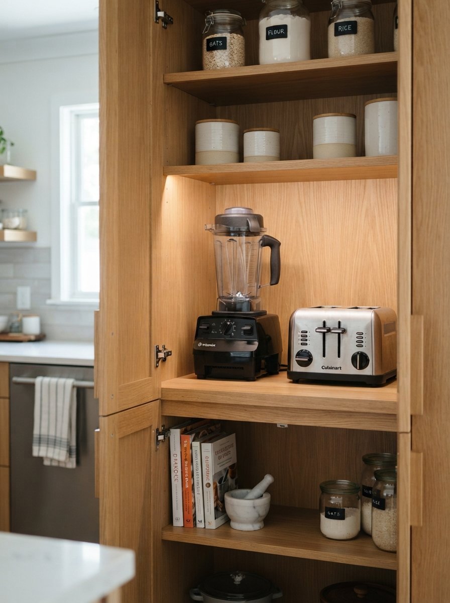 Wooden kitchen cabinet with shelves holding a blender, toaster, cookbooks, and labeled storage jars.