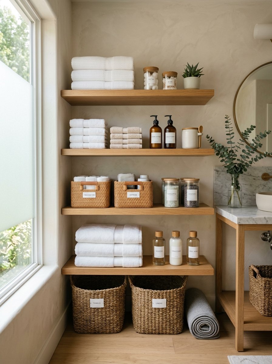 Wooden shelves in a bathroom with stacked white towels, wicker baskets, and glass storage jars.