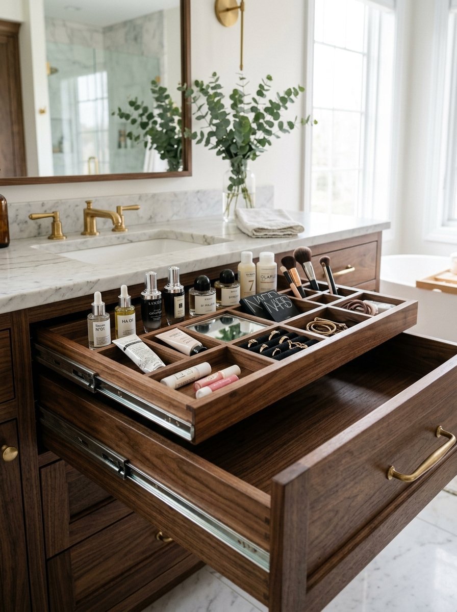 An open bathroom drawer made of walnut wood with custom compartments holding skincare, makeup brushes, and rings.