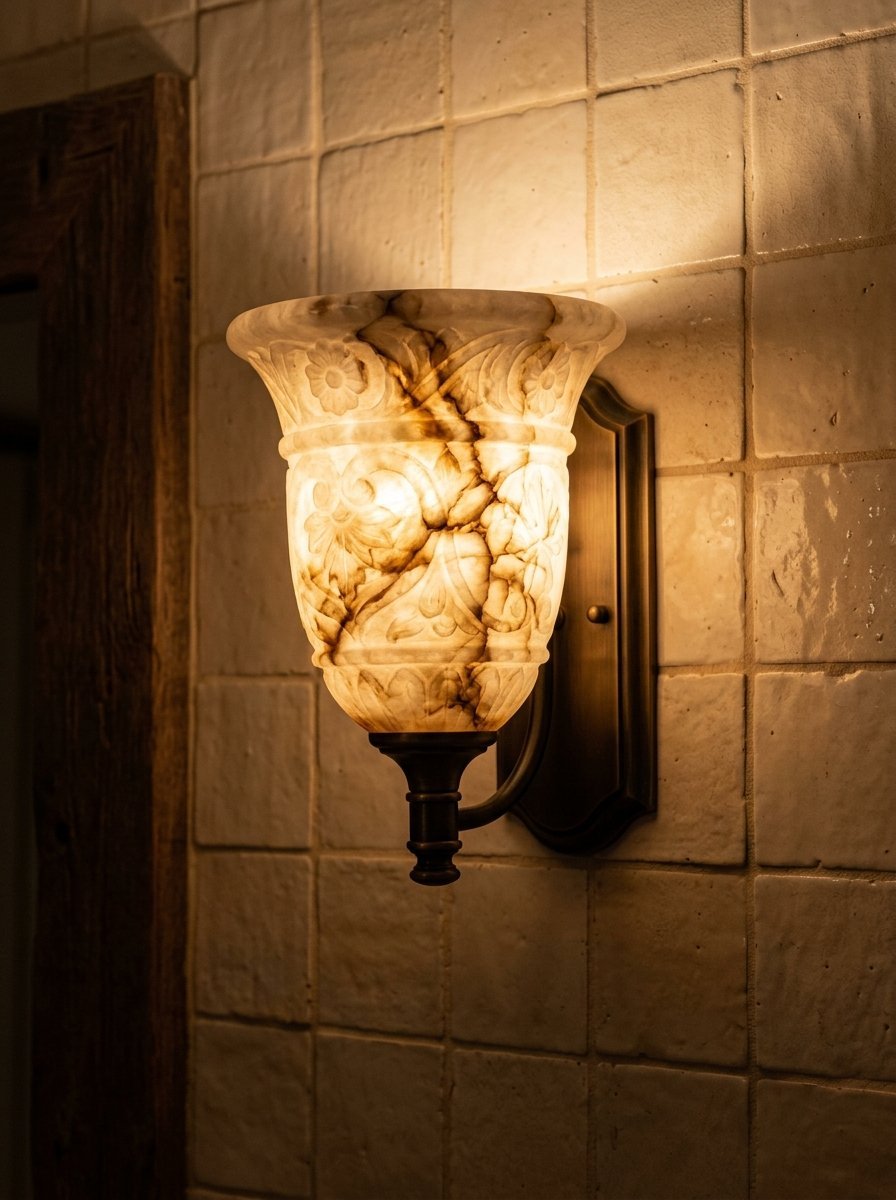 A warm, lit decorative wall sconce with carved floral patterns mounted on a square-tiled wall.