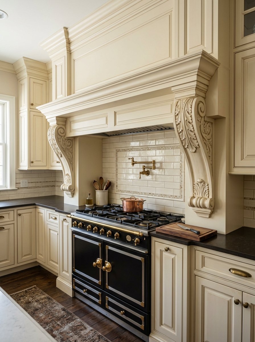 Close up of an ornate kitchen range hood with carved corbels over a black and gold vintage style gas stove.