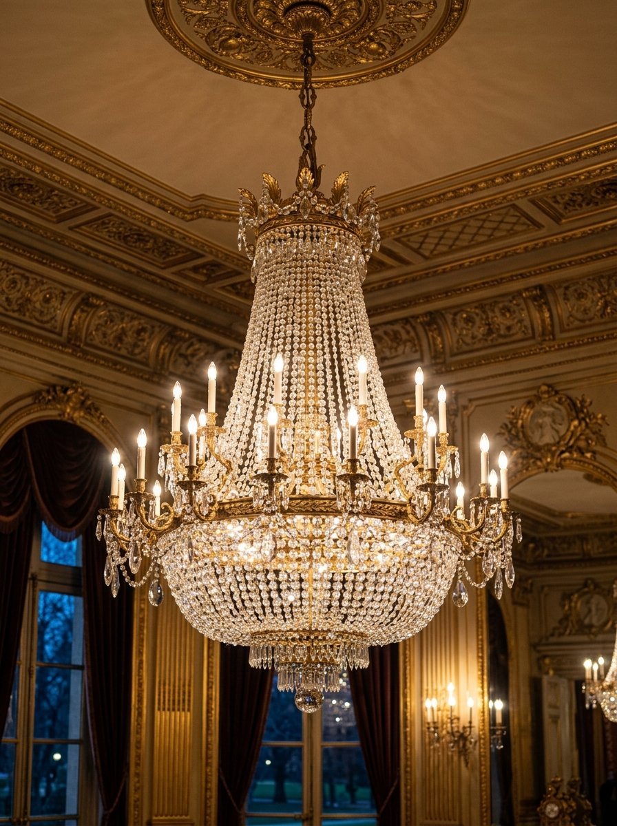 Large tiered crystal chandelier with gold accents hanging from an ornate decorative ceiling.