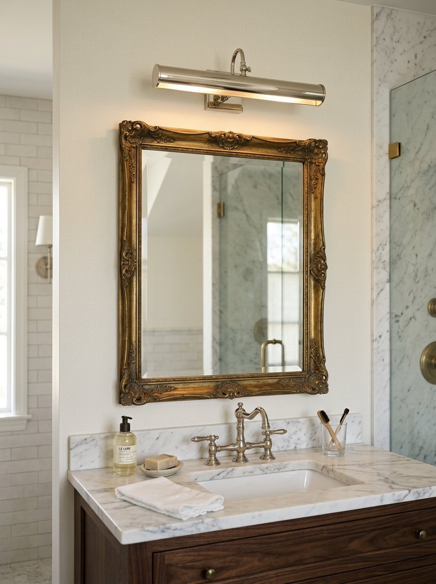 Antique style gold frame mirror mounted on wall over a marble countertop sink with toiletries.