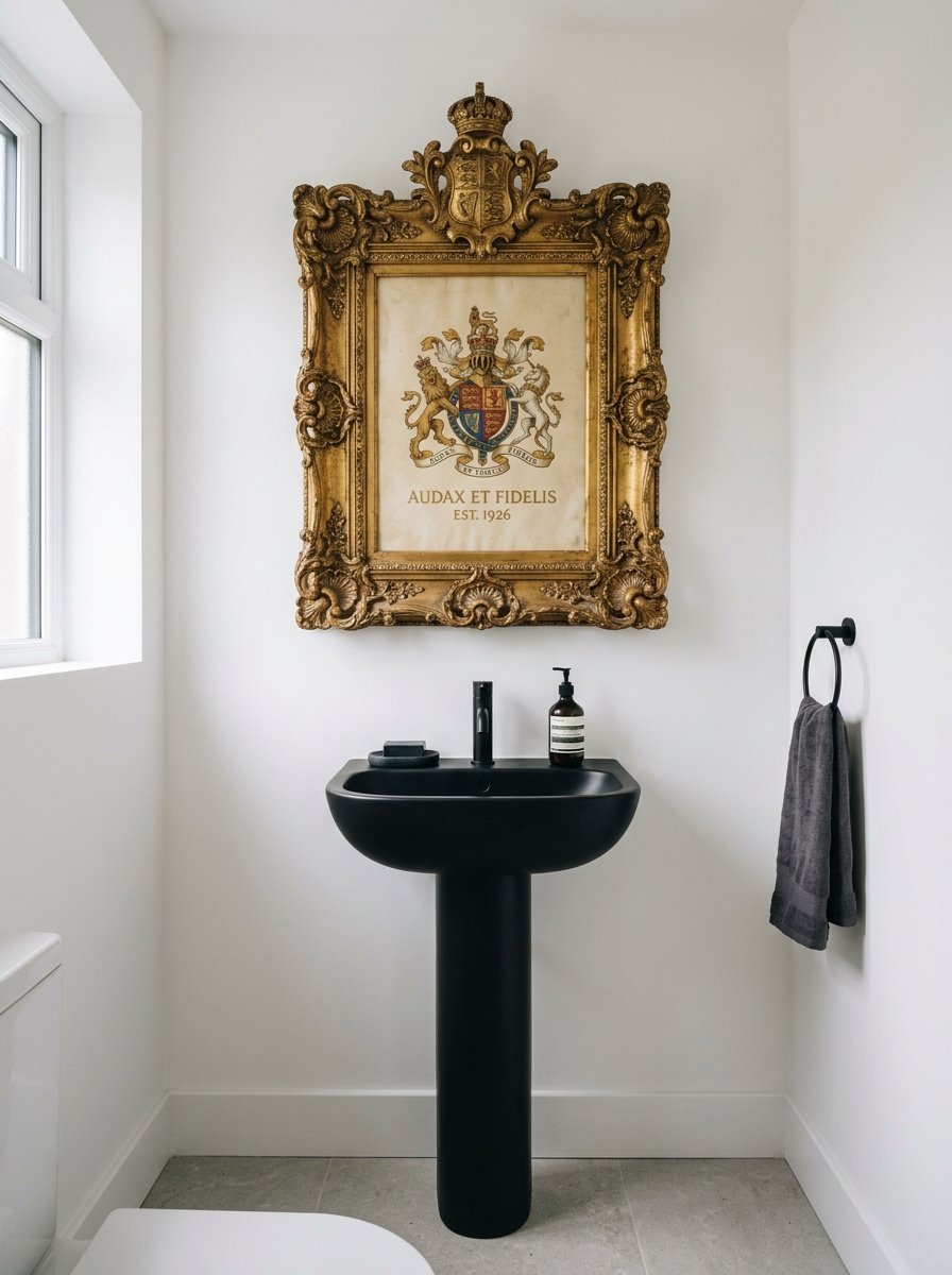 Black pedestal sink with a gold coat of arms framed on the white wall above it.
