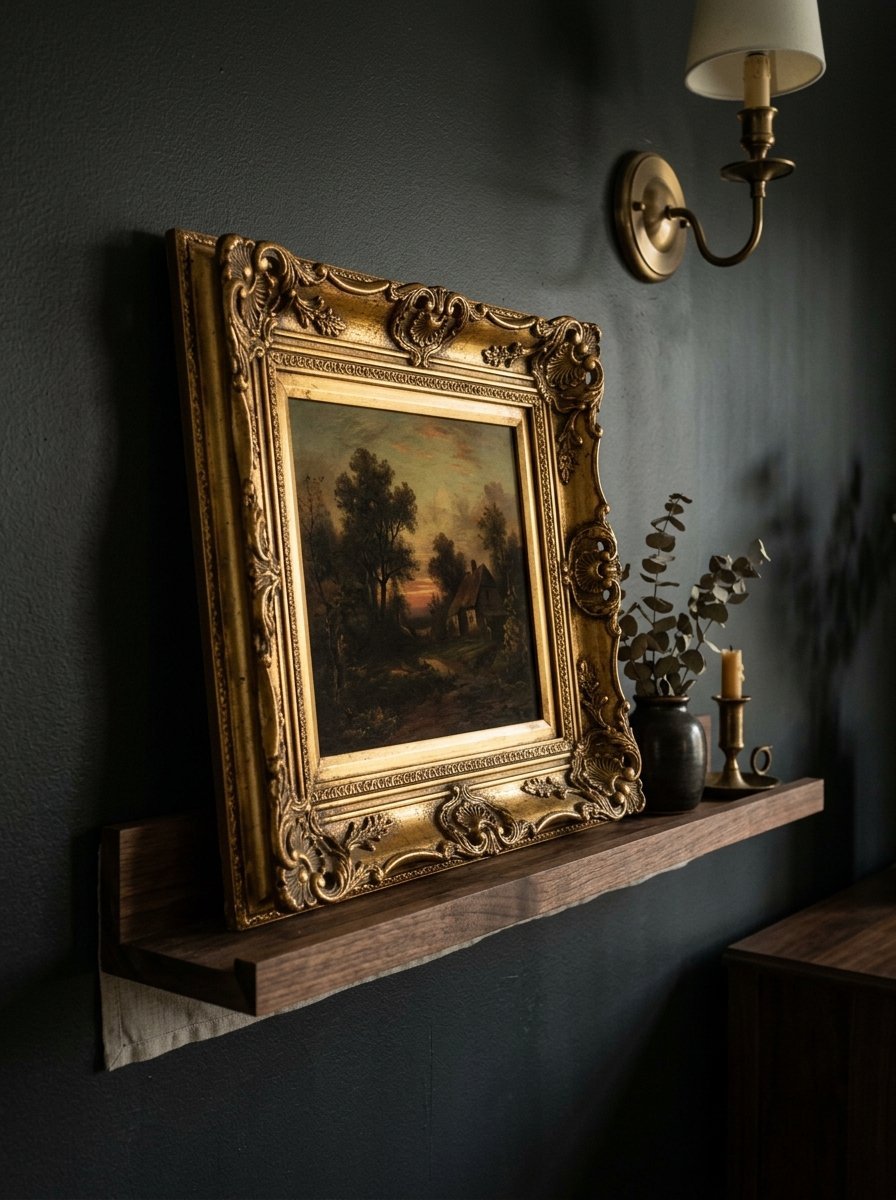 Ornate gold framed artwork displaying a rural landscape on a dark wall with a vintage wall sconce.