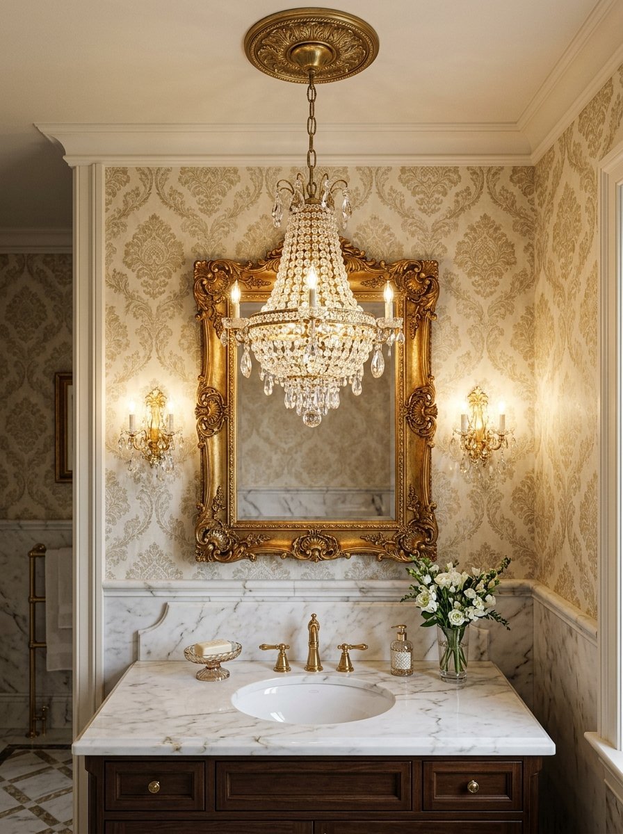 Luxurious bathroom sink with brass fixtures, a heavy gold ornate mirror, and hanging crystal light fixture.