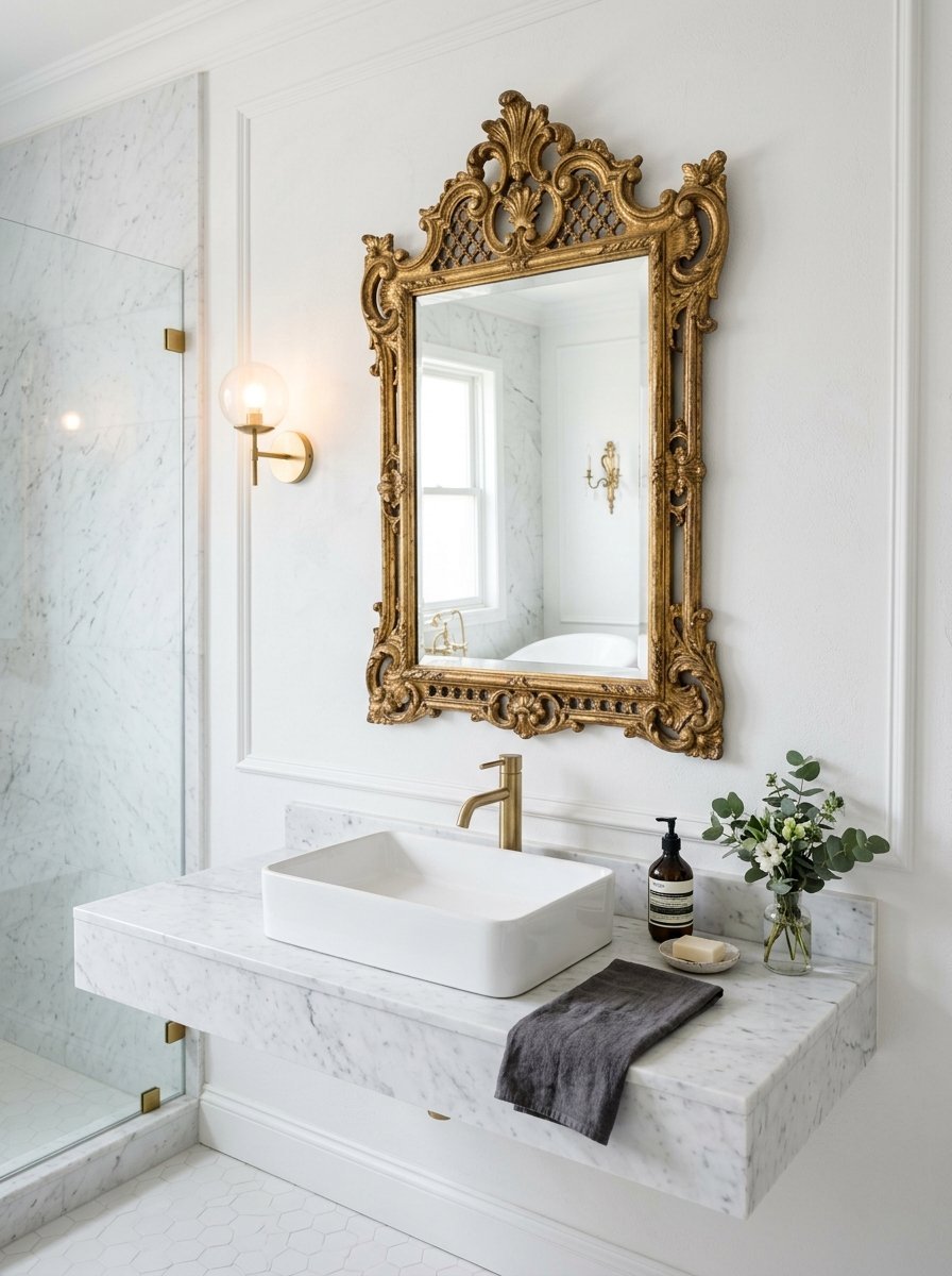 A white floating marble sink vanity with a decorative gold vintage mirror and brass faucet fixtures.
