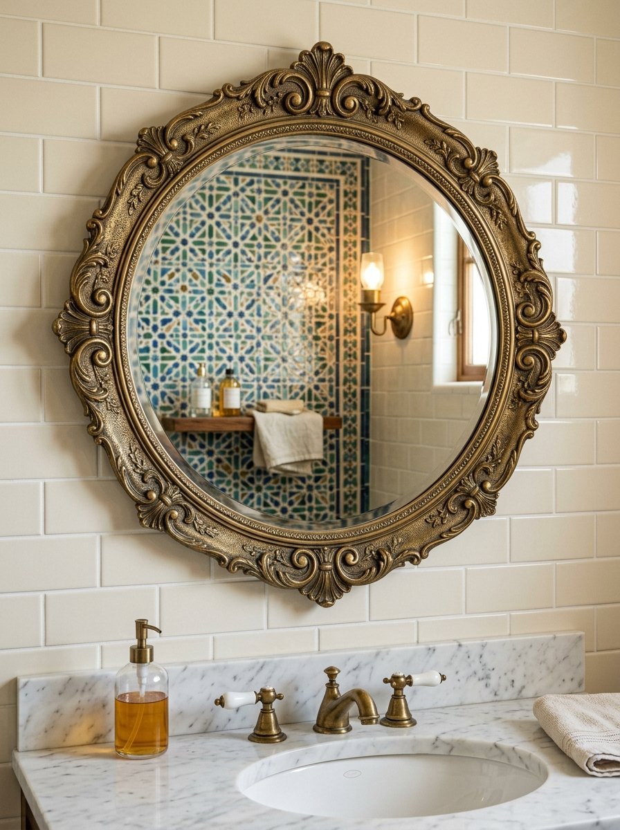 Round ornate gold mirror hanging on a white tiled wall over a marble countertop and brass faucet.