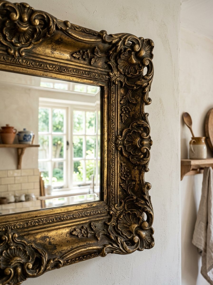 Detail of a decorative gold-framed mirror reflecting a window and kitchen shelf, hung on a white wall.