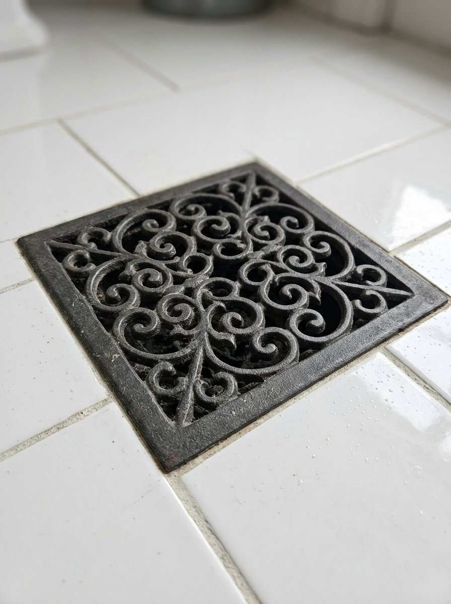 Vintage square metal air vent cover with an elaborate scrollwork design set into white ceramic floor tiles.