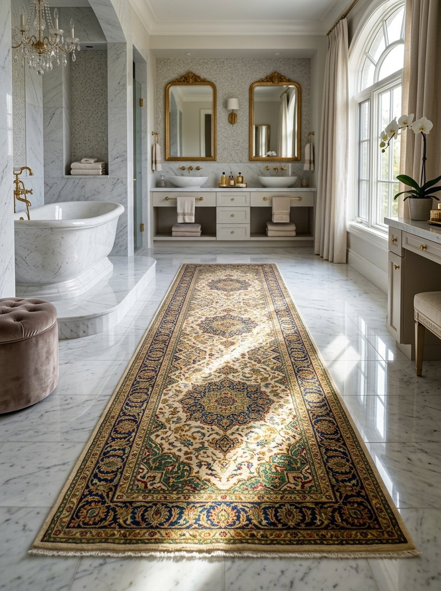 A detailed Persian style rug with floral patterns centered on a polished white marble floor in a high-end master bathroom.