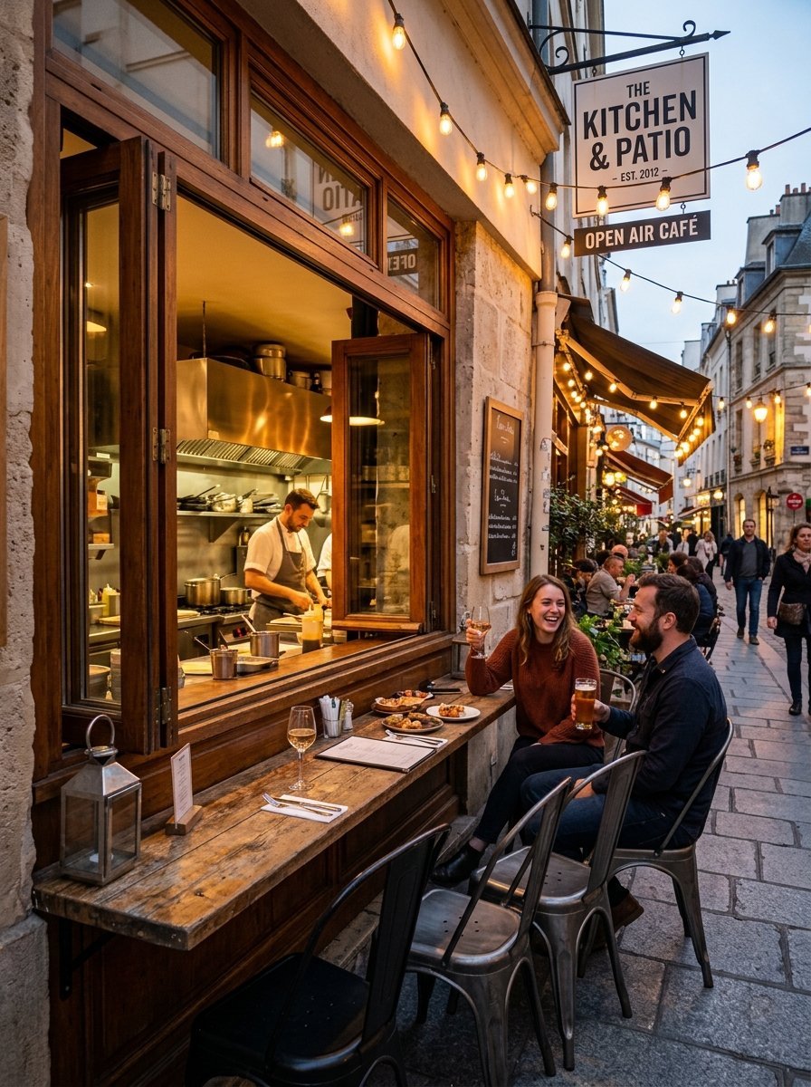 Man and woman laughing while eating at a wooden counter outside a restaurant with a view into the kitchen.