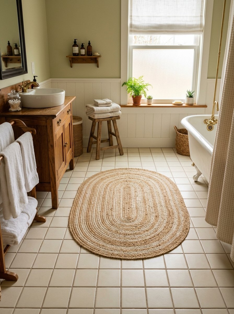 An oval braided jute rug rests on the tiled floor of a bathroom with a vintage tub and wooden vanity.