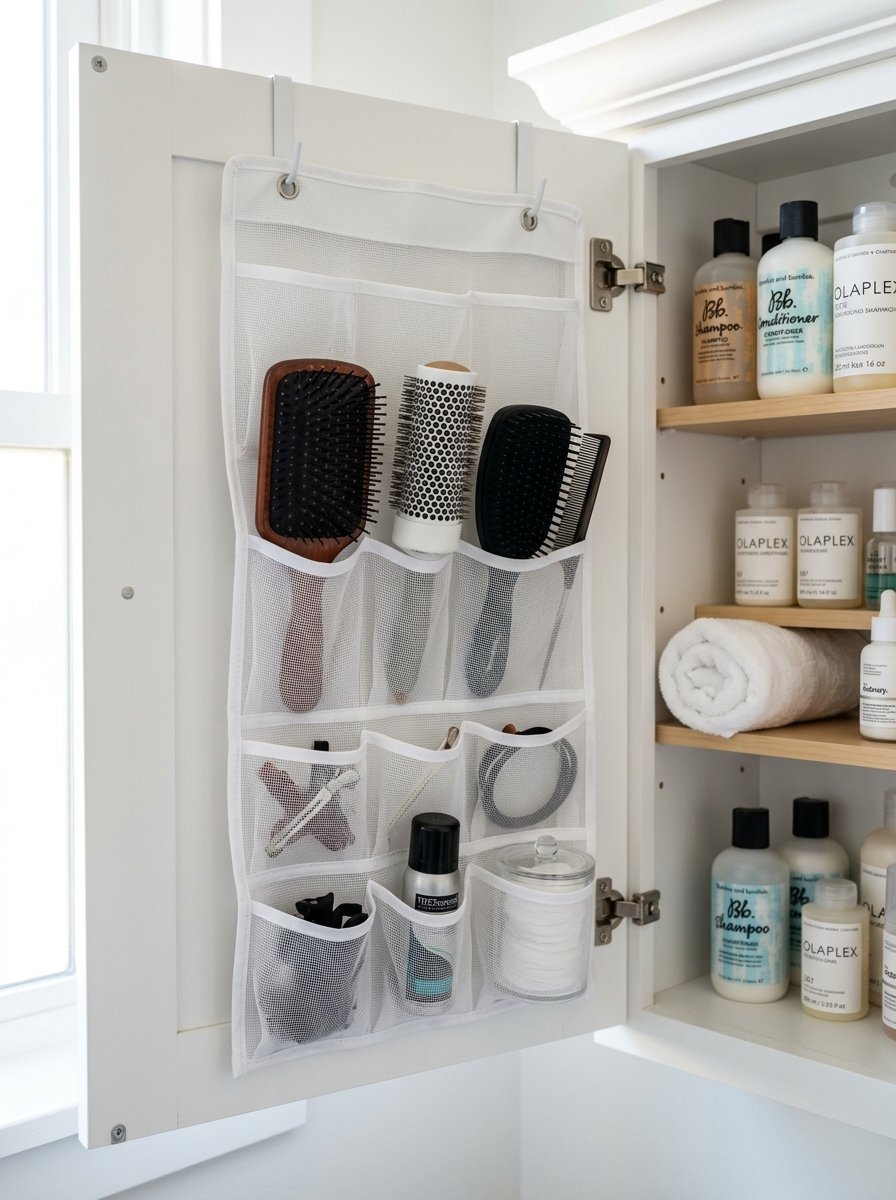 A white mesh storage pocket hanging on an open cabinet door filled with hairbrushes, hair ties, and skincare products.