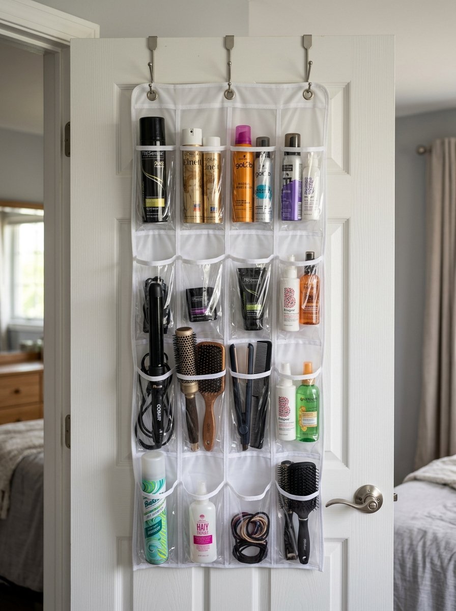 Clear pocket storage unit hanging on a white bedroom door, filled with sprays, brushes, and hair styling tools.