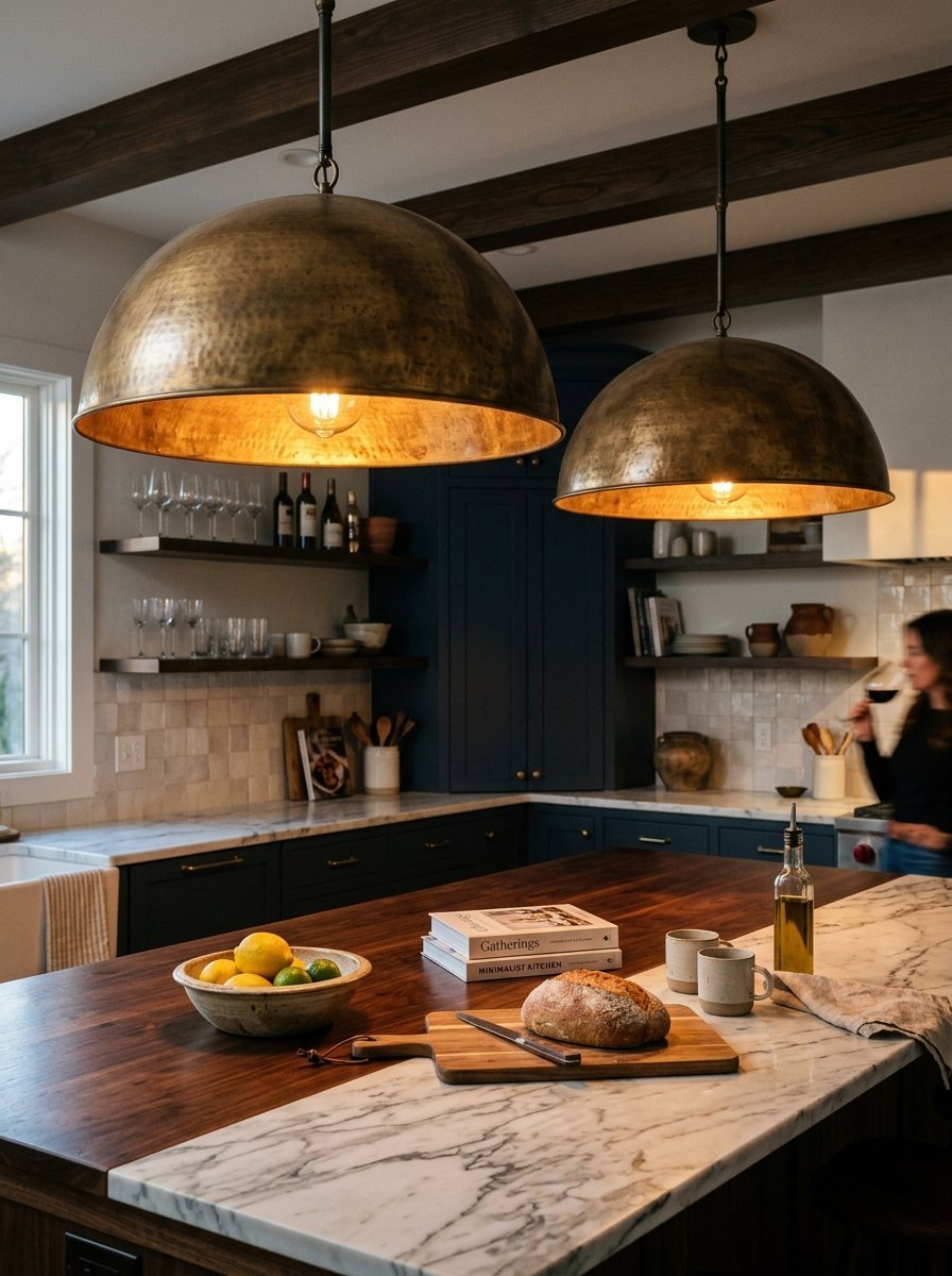A rustic kitchen island with a loaf of bread and lemons under two large, hanging, textured brass dome pendant lights.
