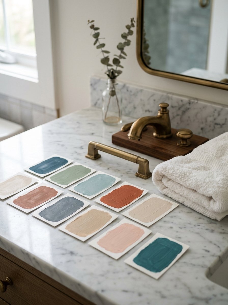 Rectangular paint color samples arranged on a white marble countertop next to a folded towel and brass faucet.