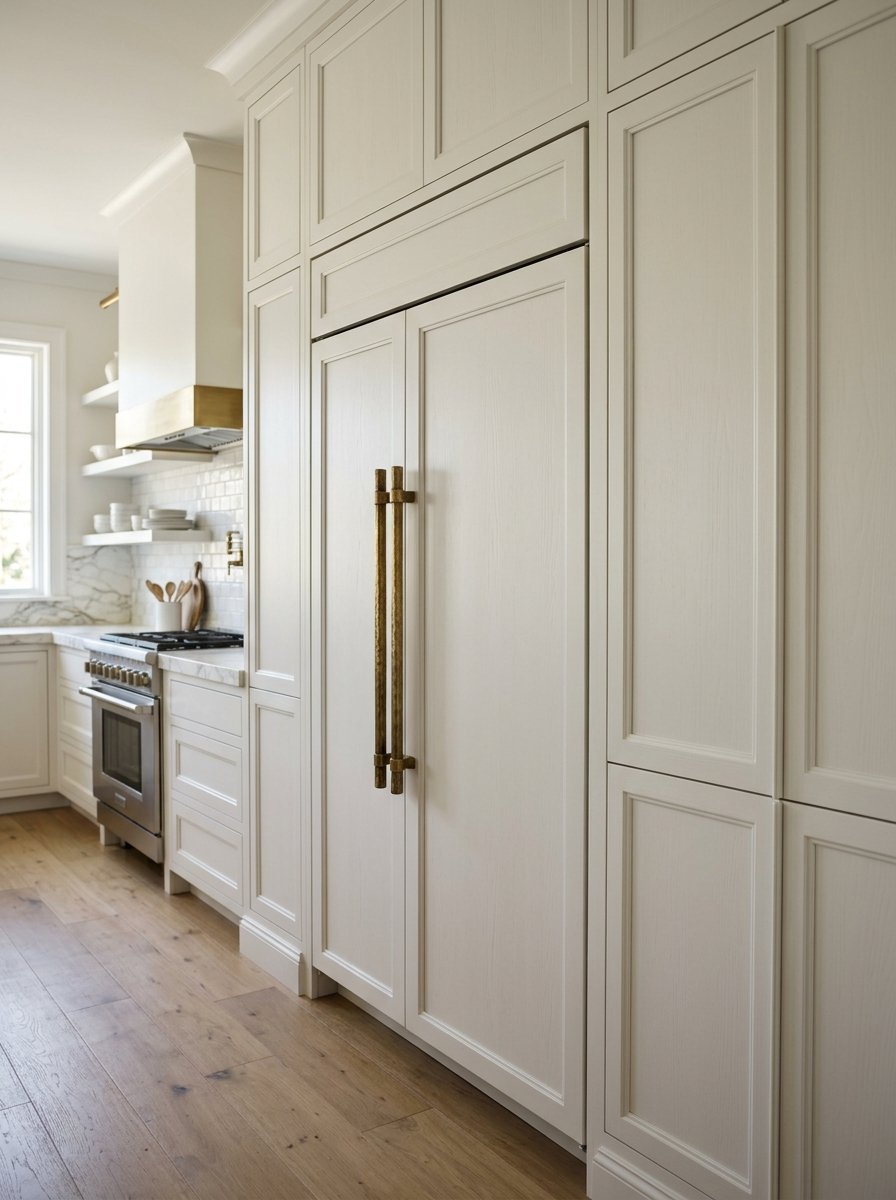 Built-in kitchen refrigerator hidden behind custom cabinet panels with vertical metal handles.