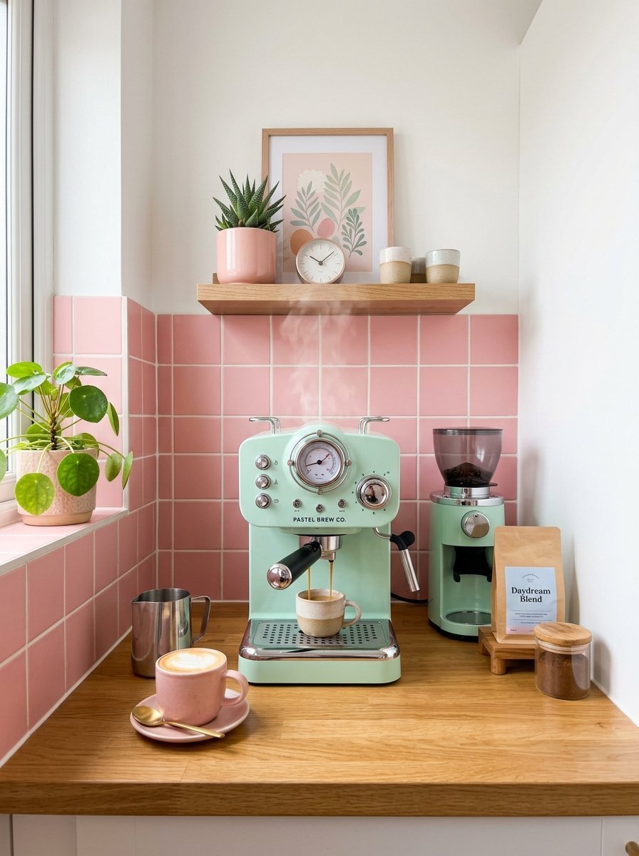 Steaming mint green espresso maker on a wood counter with pink tiles.