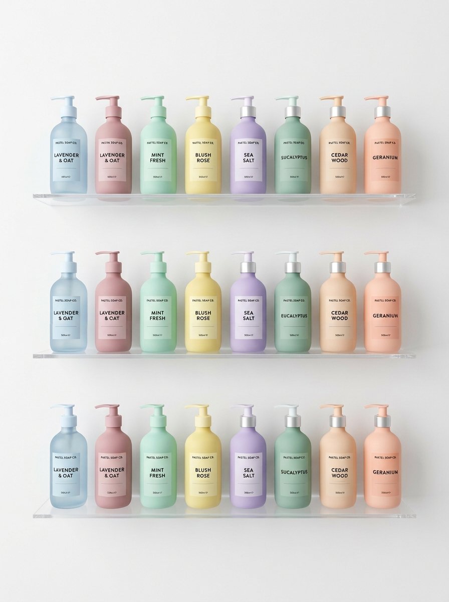 Multicolor soap dispensers with various labels arranged neatly on three clear glass shelves against a white wall.
