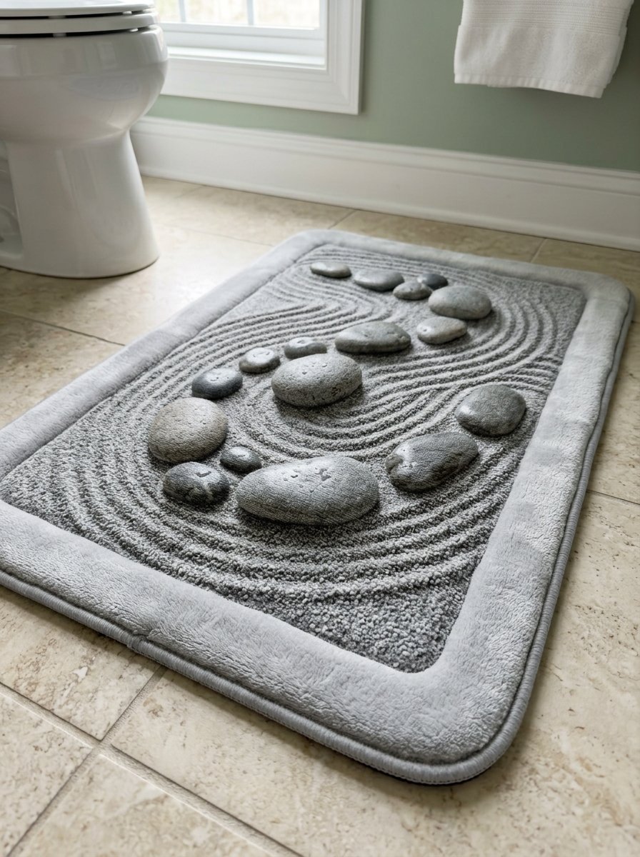 A plush rectangular bath rug with a printed design of stones on a raked sand texture.