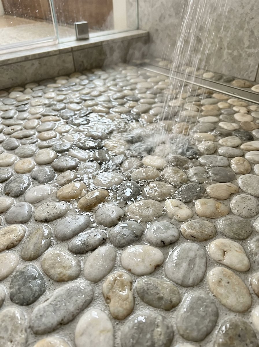 Close-up of a shower floor tiled with smooth grey and white natural river pebbles with water running over them.