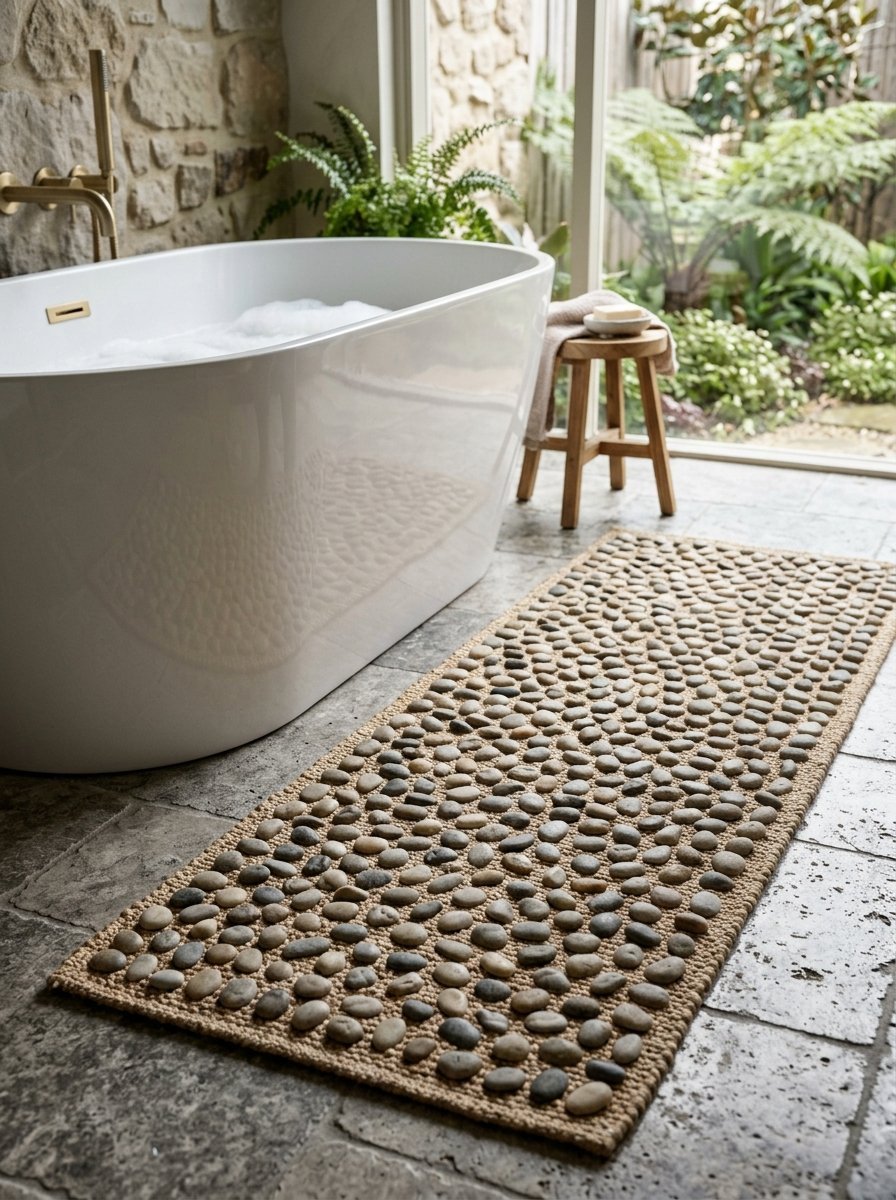 Long rectangular bath mat made of smooth grey and tan river pebbles on a stone floor near a white soaking tub.
