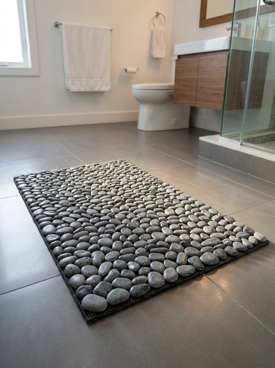Decorative bathroom rug made of smooth grey pebbles sitting on a grey ceramic tiled floor.