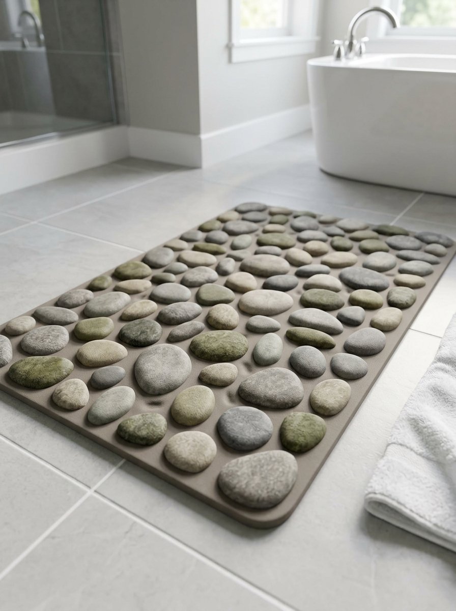 A rectangular bathroom floor mat covered in raised, smooth pebbles placed on a grey tiled bathroom floor.