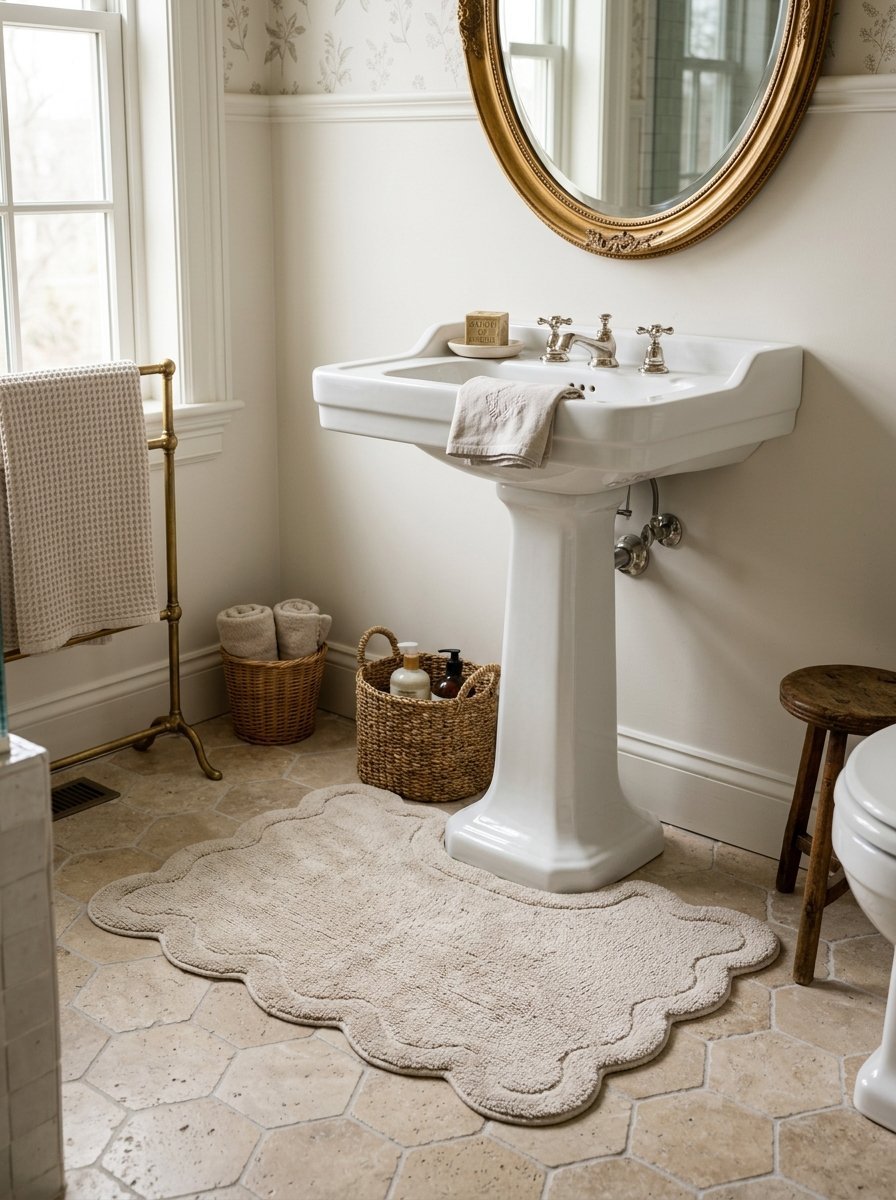 White pedestal sink in a neutral bathroom featuring a scalloped beige rug and wicker storage baskets.