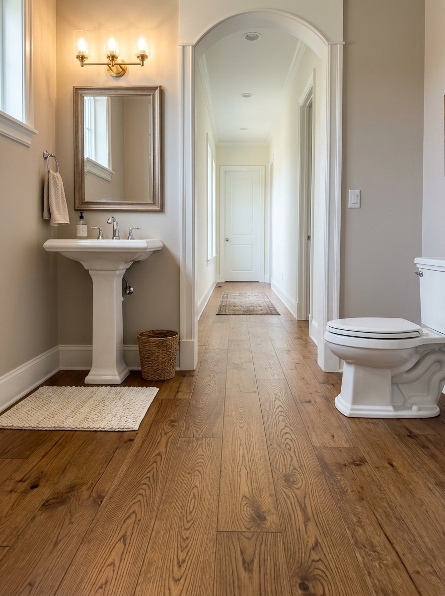 A white pedestal sink and toilet in a home bathroom looking into a long hallway with hardwood floors.