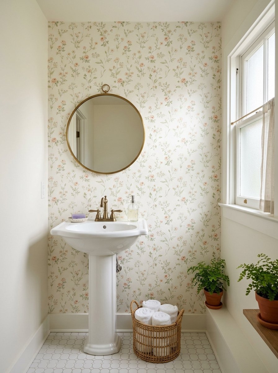 Pedestal sink set against a wall with pink and green floral wallpaper and a round brass-rimmed mirror.