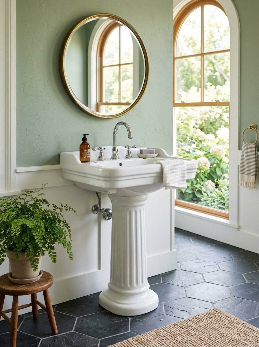 A vintage-style pedestal sink centered under a round gold mirror in a serene green bathroom with dark hexagon tile.
