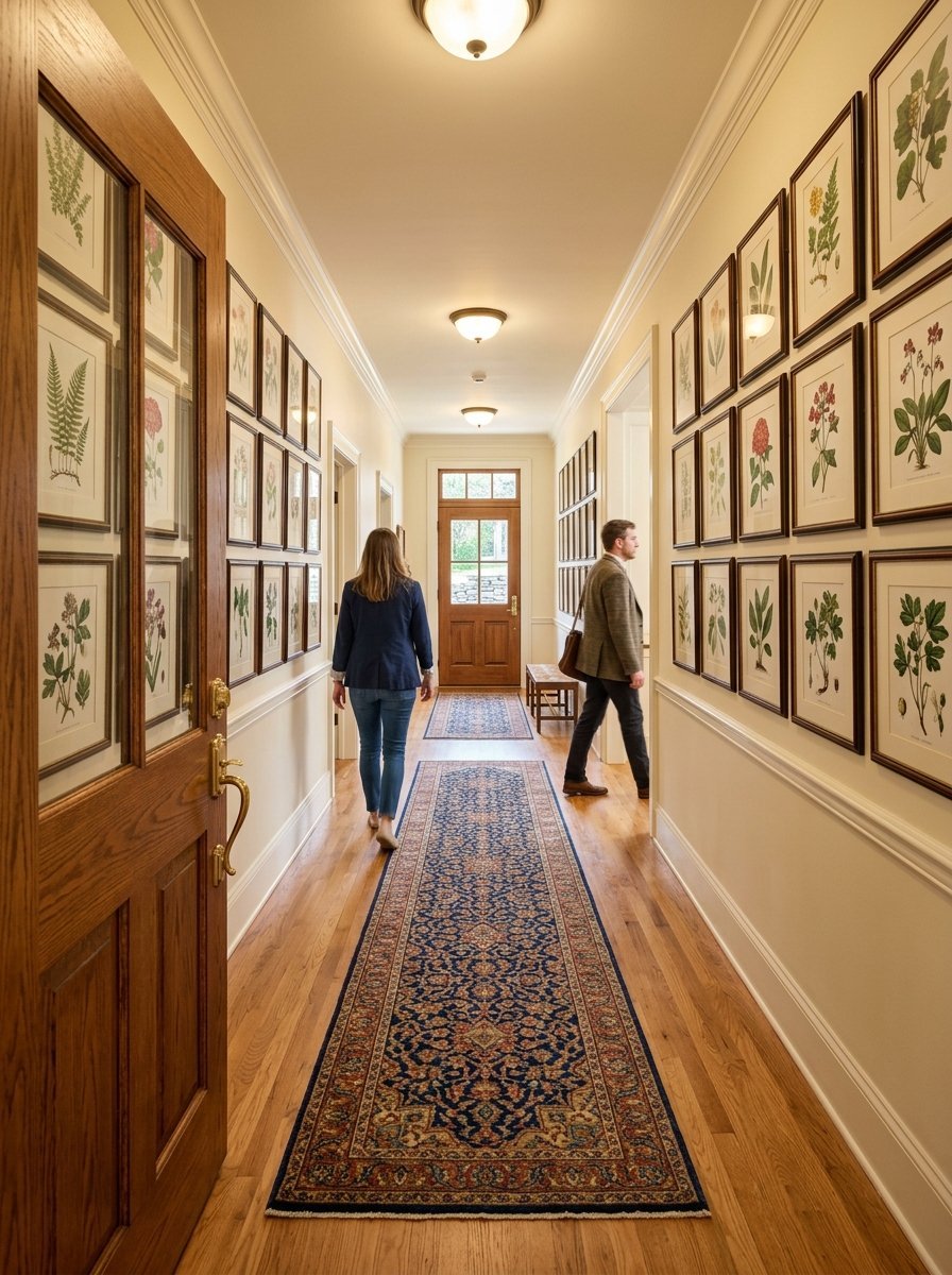 Man and woman walking down a long residential hallway decorated with rows of framed botanical prints.