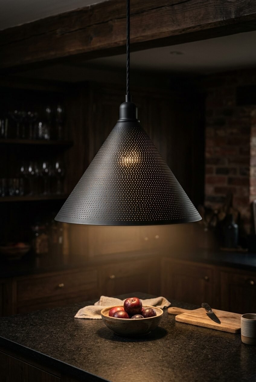 A dark cone-shaped metal light fixture hangs over a bowl of plums on a kitchen counter.